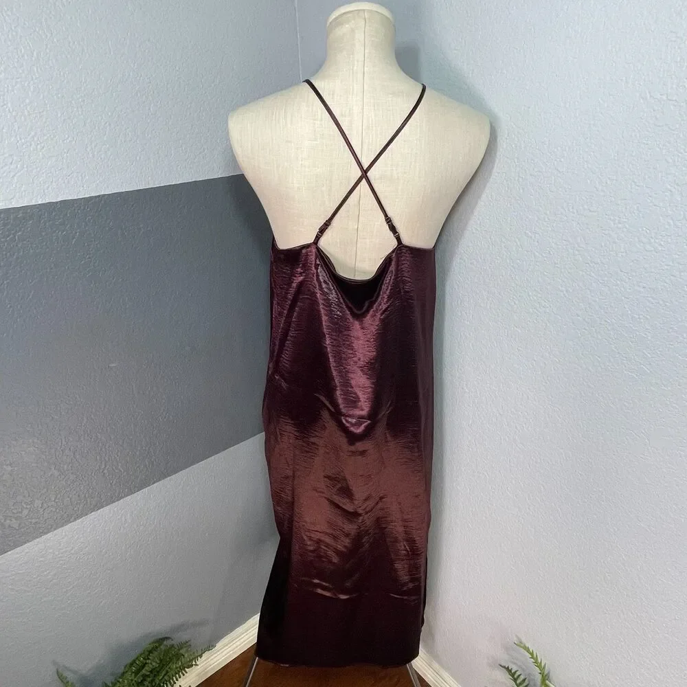 A New Day Medium Liquid‎ Satin Halter Midi Slip Dress Burgundy Plum, Minimalist